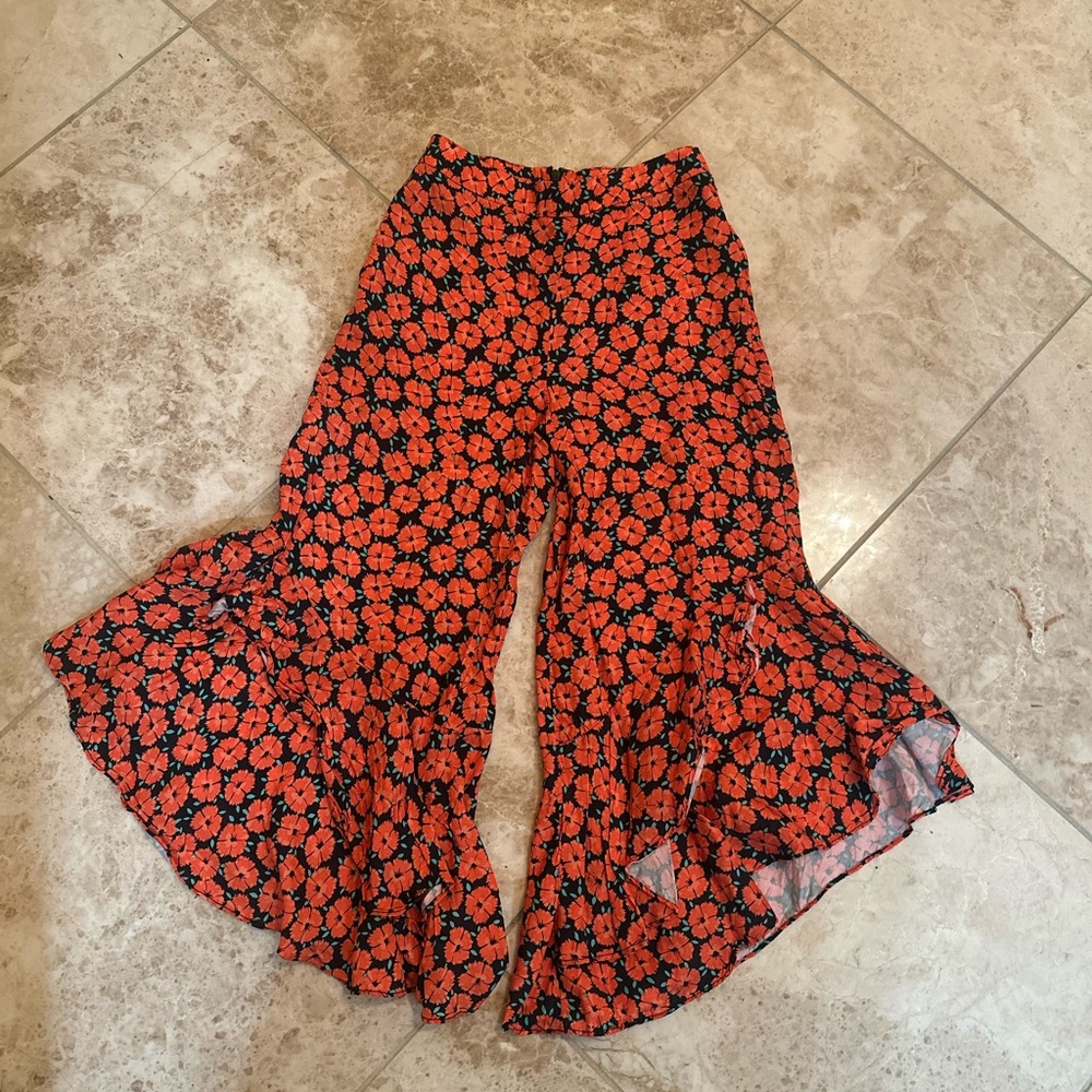 Anthropologie Red Floral Wide-Leg Pants